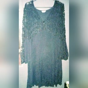 Woman's Black long sleeve half see through short dress